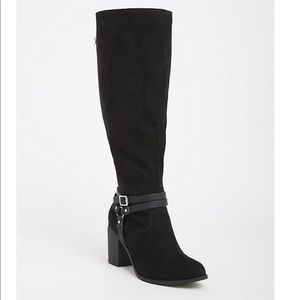 Black Faux Suede Strappy Boot (Extra Wide Calf)